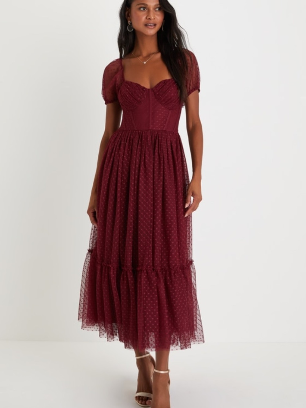 Lulus Sweet Amor Burgundy Tulle Swiss Dot Tiered Bustier Midi Dress - Size M